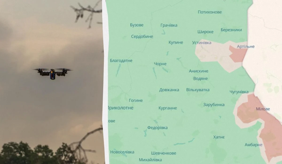 Карта DeepState із зоною просування російських військ і «сірою» зоною біля села Артільне на Харківщині
